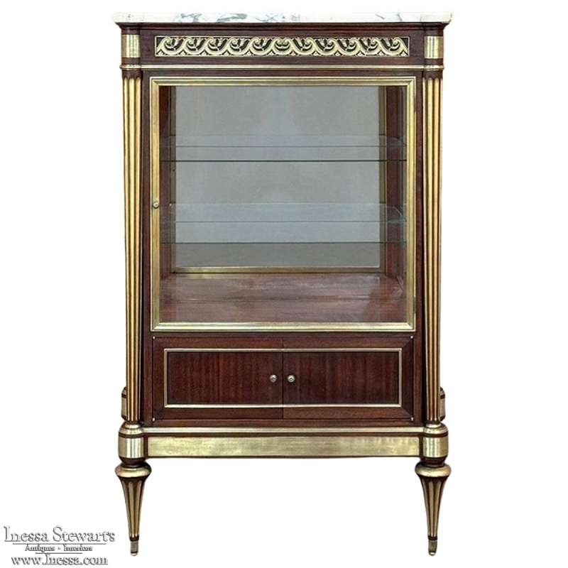 Antique French Louis XVI Mahogany Vitrine with Carrara Marble