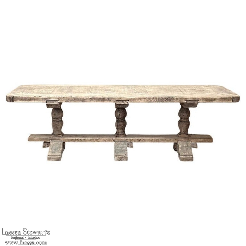 Antique Rustic Country French Triple Pedestal Trestle Dining Table