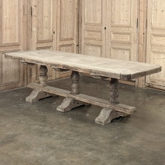 Antique Rustic Country French Triple Pedestal Trestle Dining Table