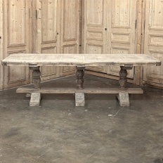 Antique Rustic Country French Triple Pedestal Trestle Dining Table