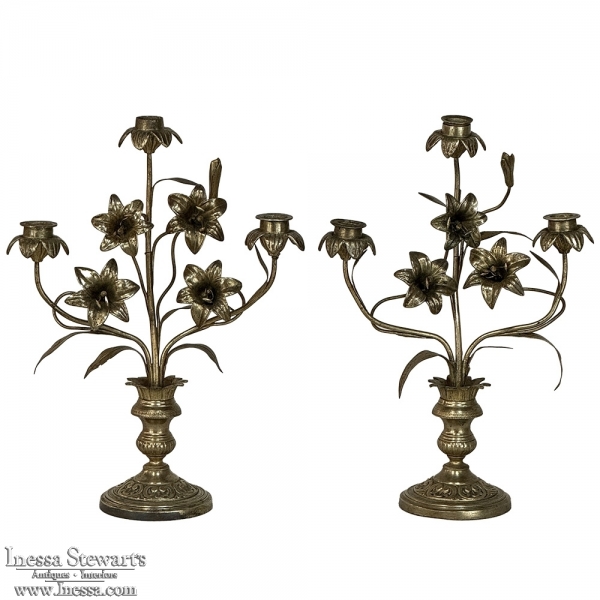 Pair Napoleon III Period Bronze Floral Candelabra