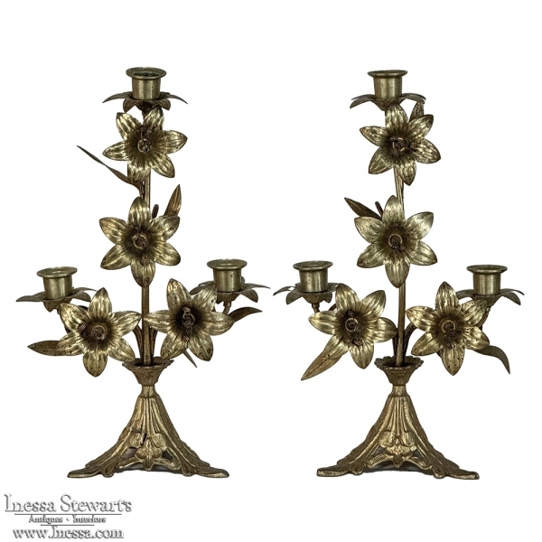 Pair Napoleon III Period Bronze Floral Candelabra