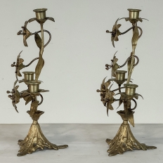 Pair Napoleon III Period Bronze Floral Candelabra