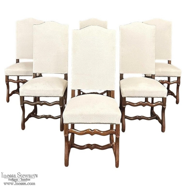 Set of 6 Antique French 'Os de Mouton' Upholstered Dining Chairs