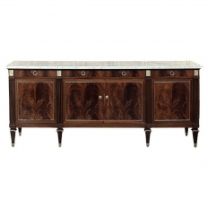 Mid Century French Louis XVI Neoclassical Flame Mahogany Buffet ~ Credenza with Carrara Marble
