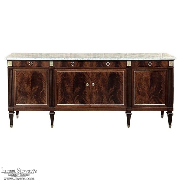 Mid Century French Louis XVI Neoclassical Flame Mahogany Buffet ~ Credenza with Carrara Marble