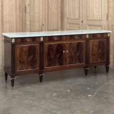 Mid Century French Louis XVI Neoclassical Flame Mahogany Buffet ~ Credenza with Carrara Marble