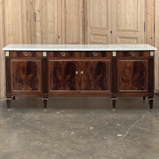 Mid Century French Louis XVI Neoclassical Flame Mahogany Buffet ~ Credenza with Carrara Marble
