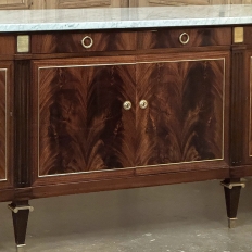 Mid Century French Louis XVI Neoclassical Flame Mahogany Buffet ~ Credenza with Carrara Marble