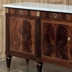 Mid Century French Louis XVI Neoclassical Flame Mahogany Buffet ~ Credenza with Carrara Marble