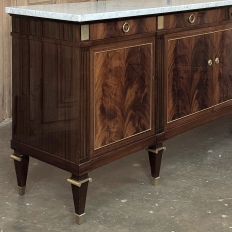 Mid Century French Louis XVI Neoclassical Flame Mahogany Buffet ~ Credenza with Carrara Marble