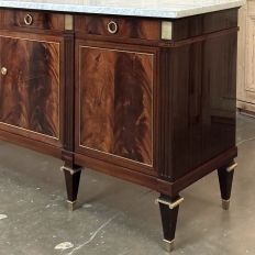 Mid Century French Louis XVI Neoclassical Flame Mahogany Buffet ~ Credenza with Carrara Marble