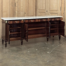 Mid Century French Louis XVI Neoclassical Flame Mahogany Buffet ~ Credenza with Carrara Marble