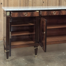 Mid Century French Louis XVI Neoclassical Flame Mahogany Buffet ~ Credenza with Carrara Marble
