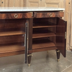 Mid Century French Louis XVI Neoclassical Flame Mahogany Buffet ~ Credenza with Carrara Marble