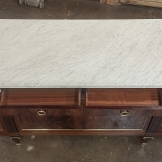 Mid Century French Louis XVI Neoclassical Flame Mahogany Buffet ~ Credenza with Carrara Marble