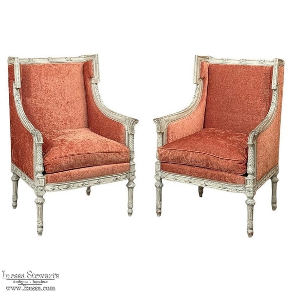 Pair 19th Century French Louis XVI Painted Bergeres ~ Armchairs