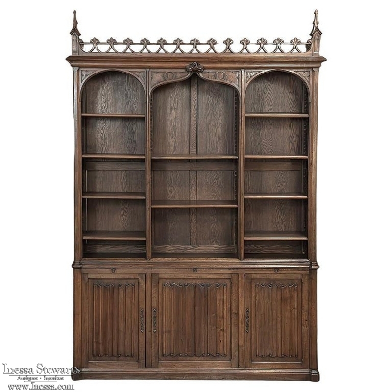19th Century Grand French Gothic Open Bookcase ~ Bibliotheque