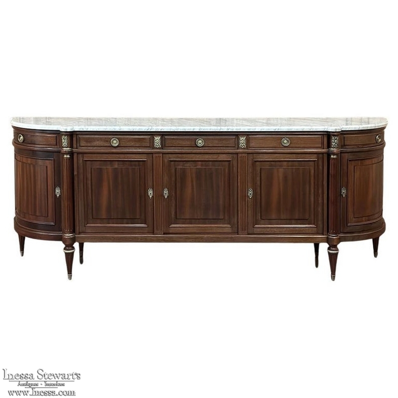Grand French Louis XVI Mahogany Round-Sided Buffet with Carrara Marble