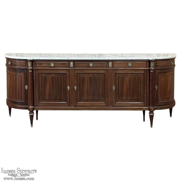 Grand French Louis XVI Mahogany Round-Sided Buffet with Carrara Marble
