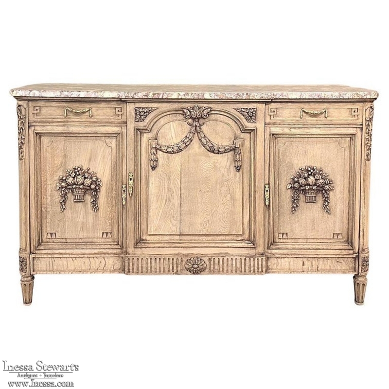 Antique French Louis XVI Marble Top Step-Front Buffet in Stripped Oak