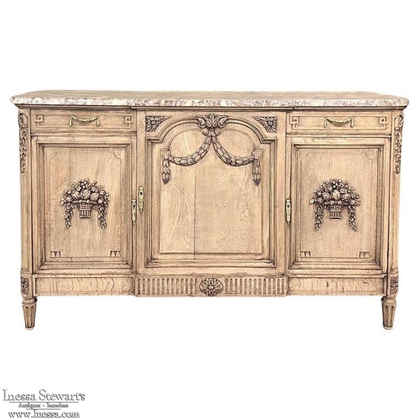 Antique French Louis XVI Marble Top Step-Front Buffet in Stripped Oak