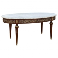 Antique French Louis XVI Mahogany Oval Coffee Table with Carrara Marble