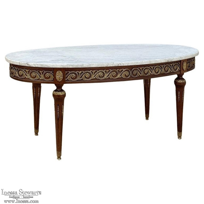 Antique French Louis XVI Mahogany Oval Coffee Table with Carrara Marble