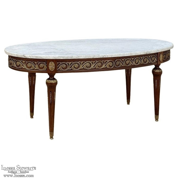 Antique French Louis XVI Mahogany Oval Coffee Table with Carrara Marble