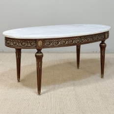 Antique French Louis XVI Mahogany Oval Coffee Table with Carrara Marble