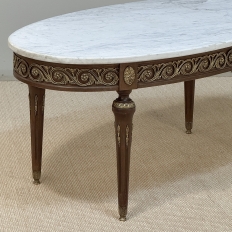 Antique French Louis XVI Mahogany Oval Coffee Table with Carrara Marble