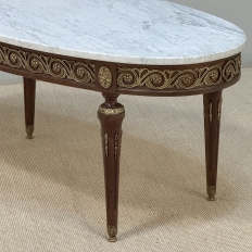 Antique French Louis XVI Mahogany Oval Coffee Table with Carrara Marble