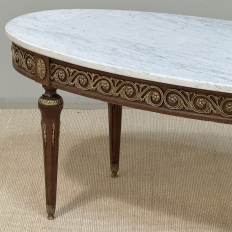 Antique French Louis XVI Mahogany Oval Coffee Table with Carrara Marble