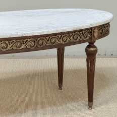 Antique French Louis XVI Mahogany Oval Coffee Table with Carrara Marble