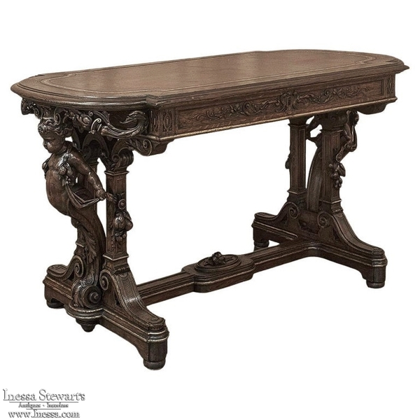 19th Century French Renaissance Sculptural Leather Top Writing Table ~ Desk