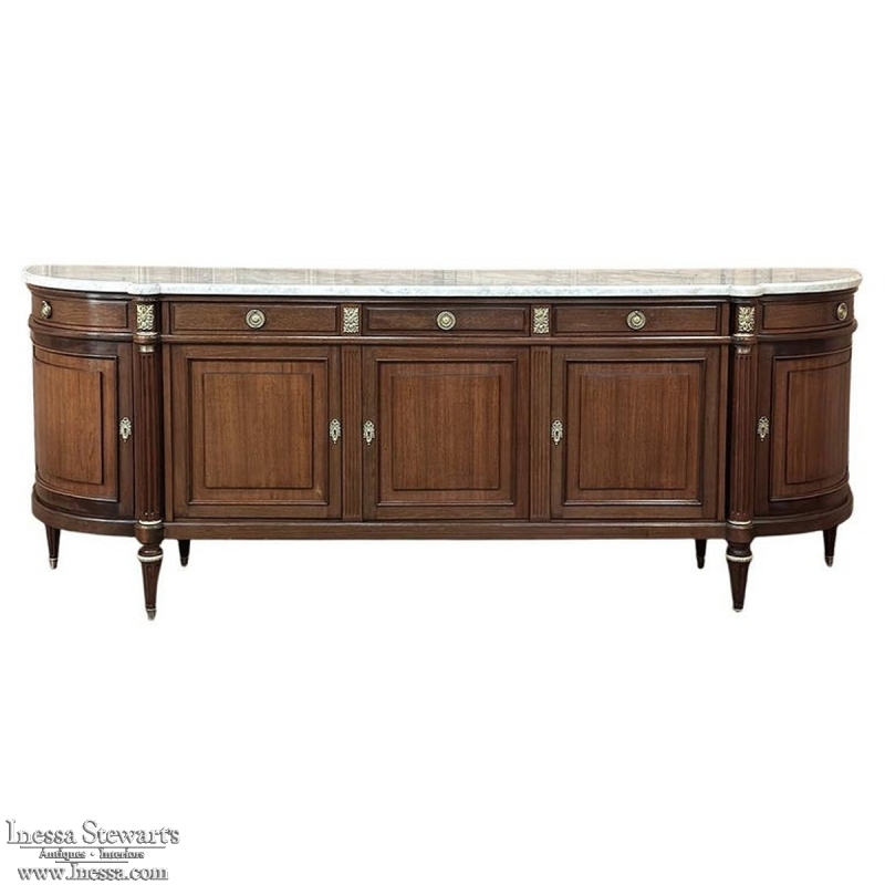 Grand French Louis XVI Mahogany Round-Sided Buffet with Carrara Marble