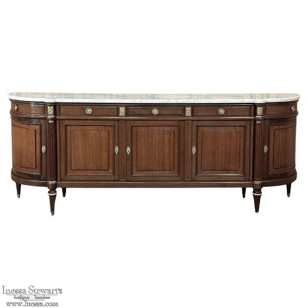 Grand French Louis XVI Mahogany Round-Sided Buffet with Carrara Marble
