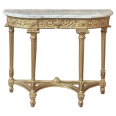19th Century French Louis XVI Giltwood Carrara Marble Top Demilune Console