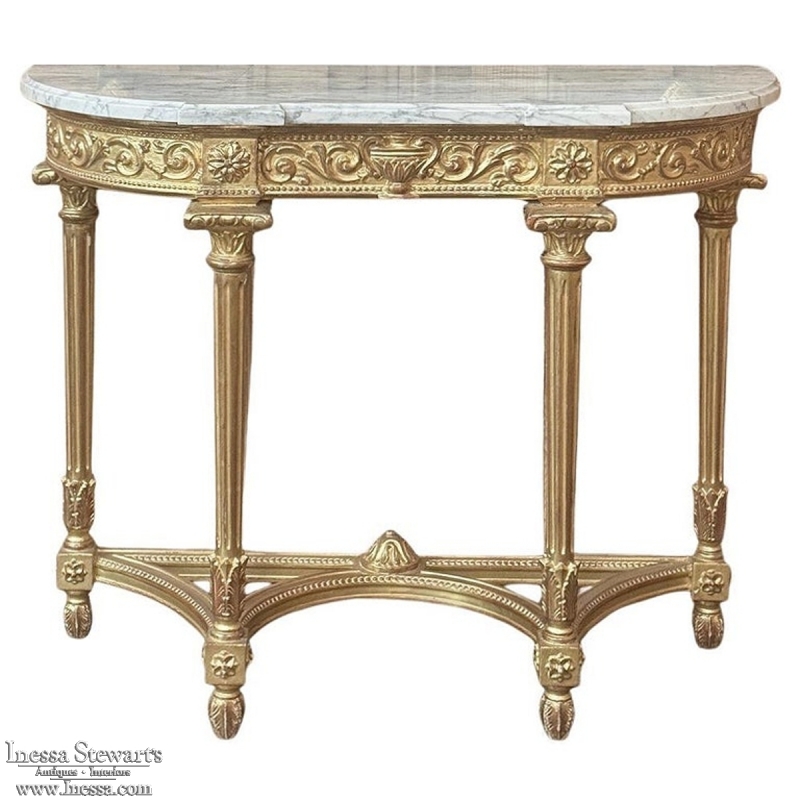 19th Century French Louis XVI Giltwood Carrara Marble Top Demilune Console