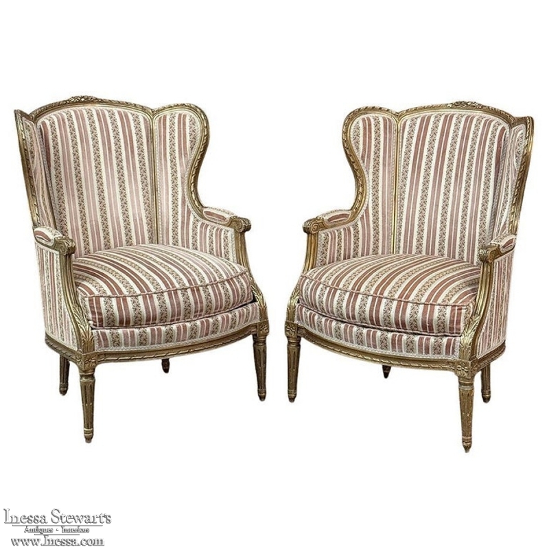 Pair Antique French Louis XVI Giltwood Bergeres ~ Armchairs