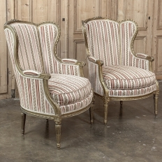 Pair Antique French Louis XVI Giltwood Bergeres ~ Armchairs
