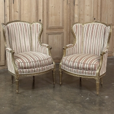 Pair Antique French Louis XVI Giltwood Bergeres ~ Armchairs