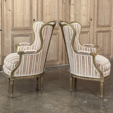 Pair Antique French Louis XVI Giltwood Bergeres ~ Armchairs