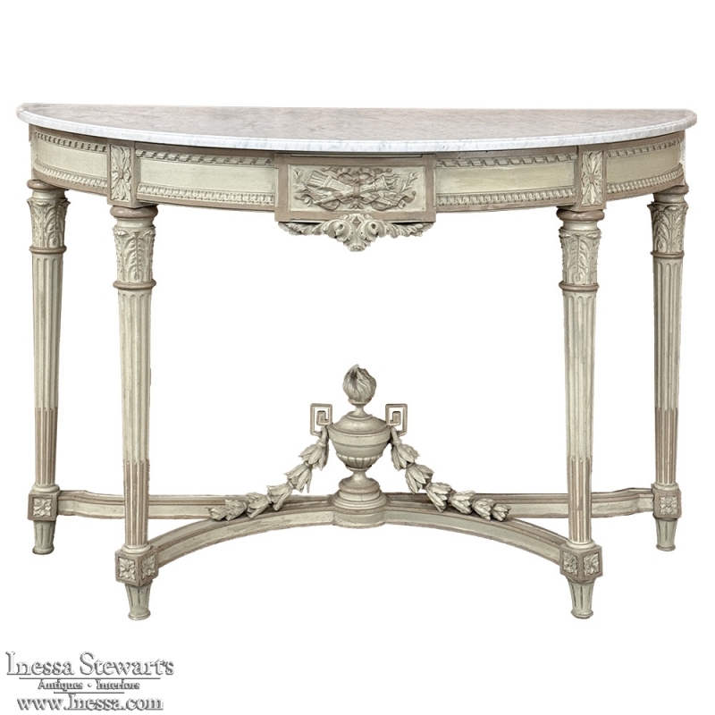 French Louis XVI Painted Demilune Console with Carrara Marble Top