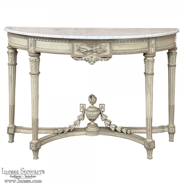 French Louis XVI Painted Demilune Console with Carrara Marble Top