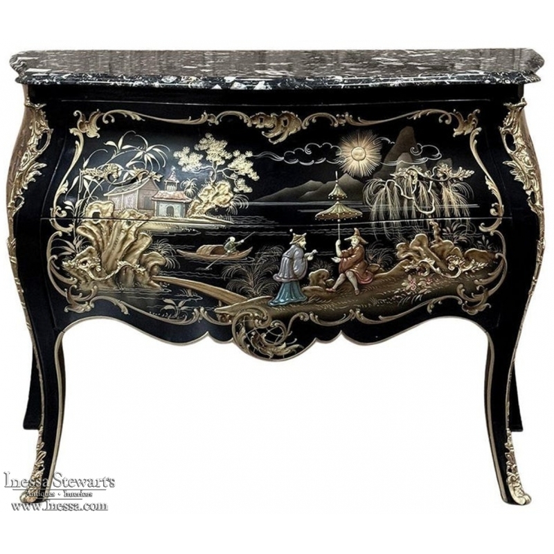 Antique French Chinoiserie Black Lacquer Bombe Commode