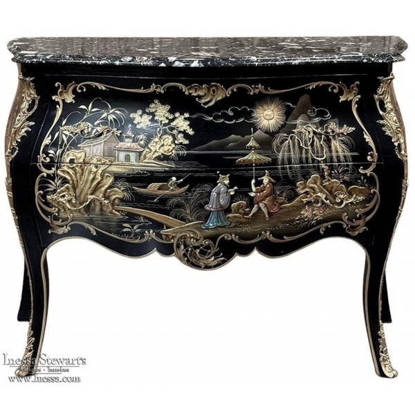 Antique French Chinoiserie Black Lacquer Bombe Commode