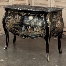 Antique French Chinoiserie Black Lacquer Bombe Commode