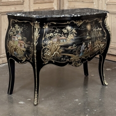 Antique French Chinoiserie Black Lacquer Bombe Commode