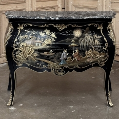 Antique French Chinoiserie Black Lacquer Bombe Commode